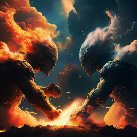 Two clouds shaped as superheroes having a fight indicating the wars between AWS and Azure cloud