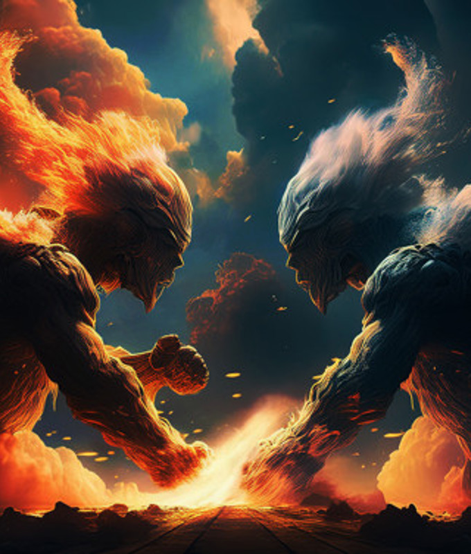 Two clouds shaped as superheroes having a fight indicating the wars between AWS and Azure cloud