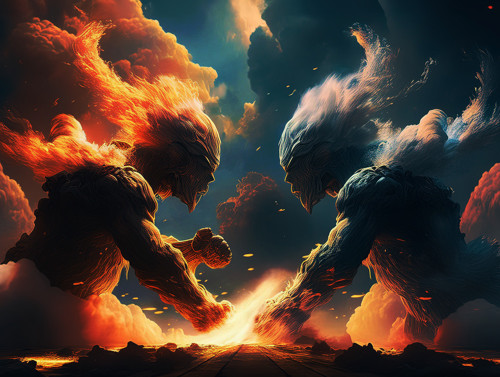 Two clouds shaped as superheroes having a fight indicating the wars between AWS and Azure cloud