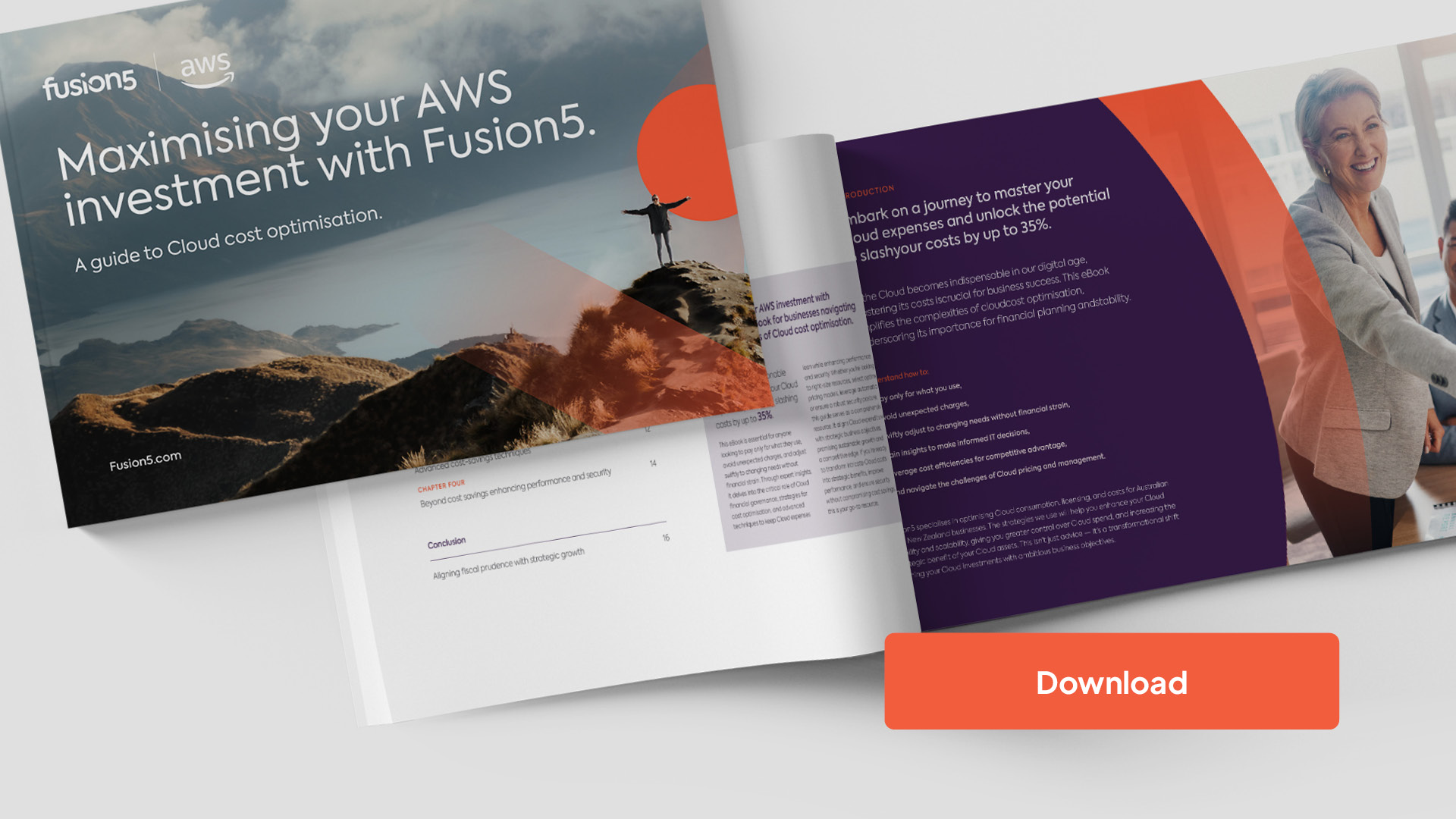 Fusion5 Cloud Cost Optimisation Ebook cover and content with download button