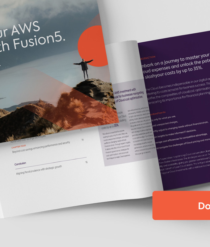 Fusion5 Cloud Cost Optimisation Ebook cover and content with download button